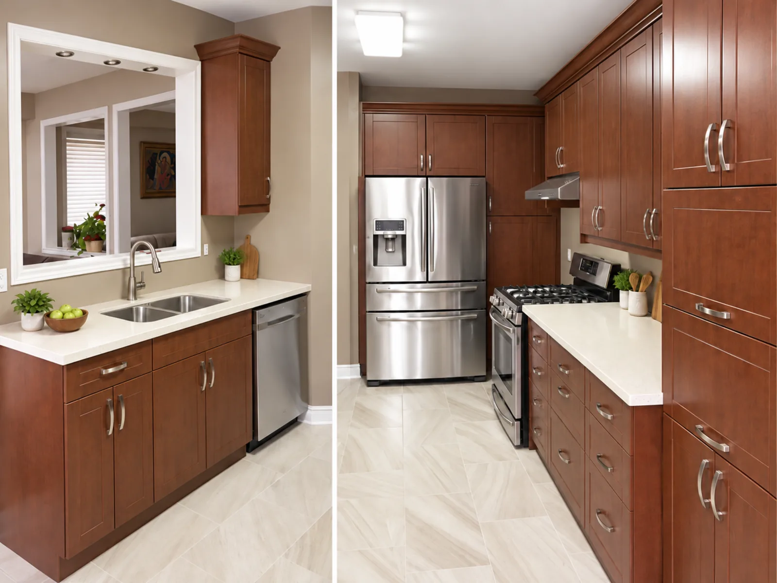 Completed transitional galley kitchen with warm woodgrain profiled cabinetry, tall storage, light counters and curved bar pulls
