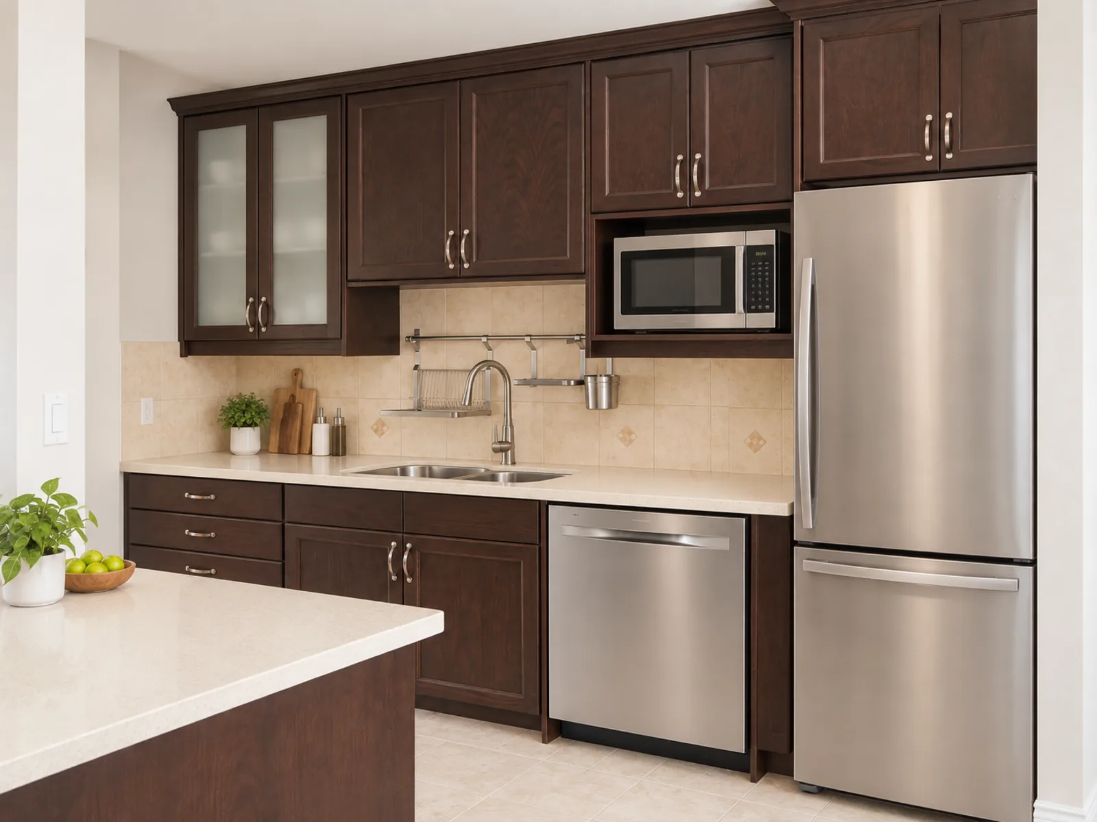 Completed transitional kitchen with dark woodgrain cabinetry, frosted-glass doors, a central sink and stainless-steel appliances