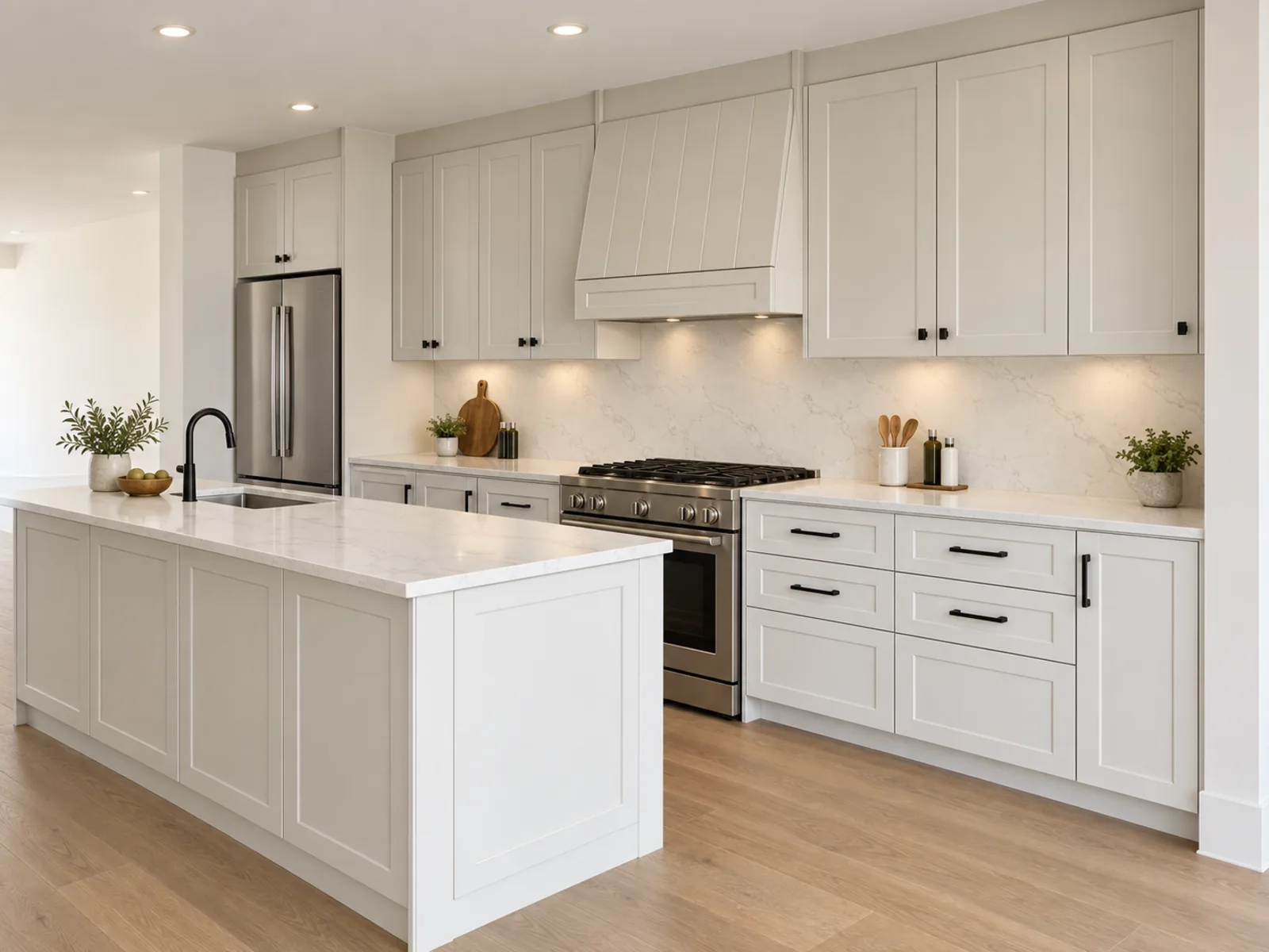Completed transitional kitchen with warm white profiled cabinetry, dark hardware, an angled hood surround and a coordinating island