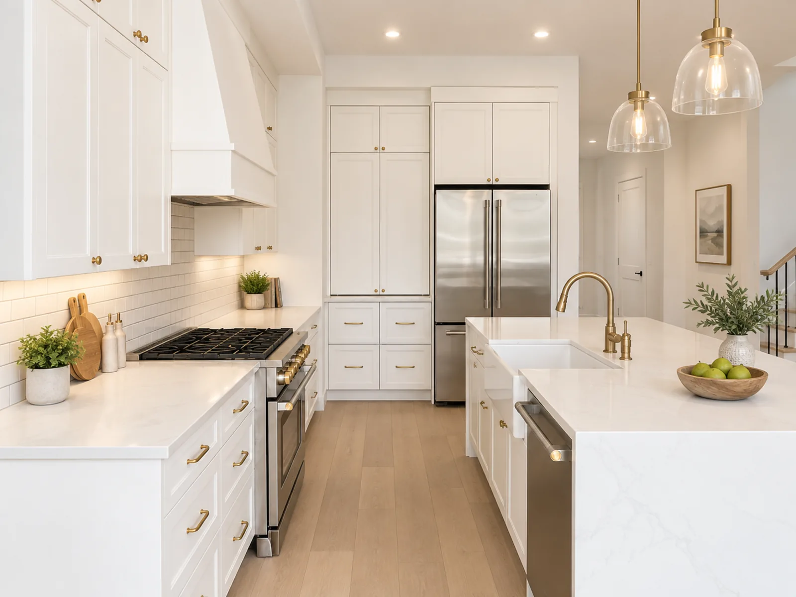 Completed transitional kitchen with a broad island, white profiled cabinetry, brass-toned hardware and a restrained hood surround