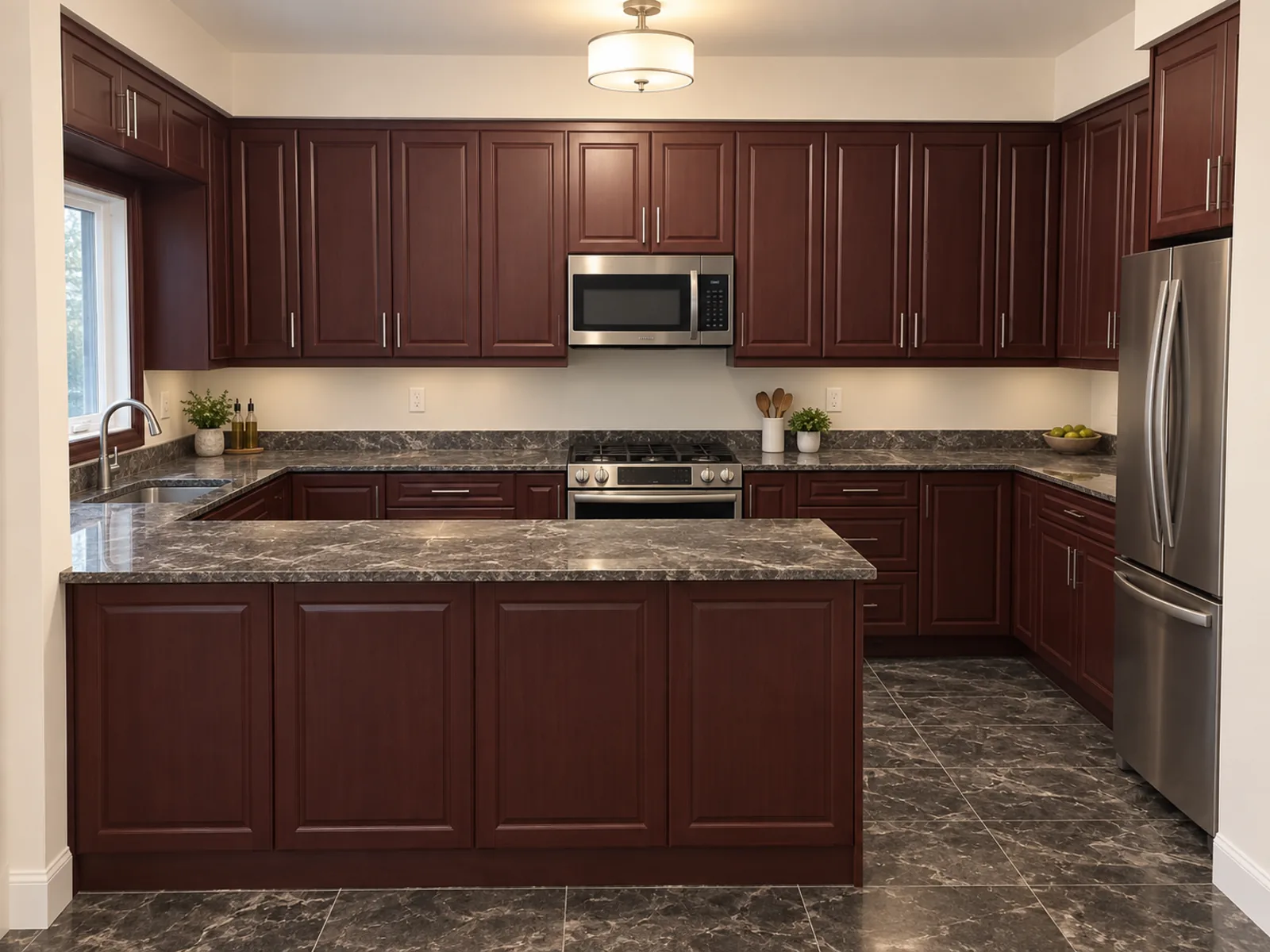 Completed transitional kitchen with deep woodgrain profiled cabinetry, dark counters, stainless-steel appliances and a broad peninsula