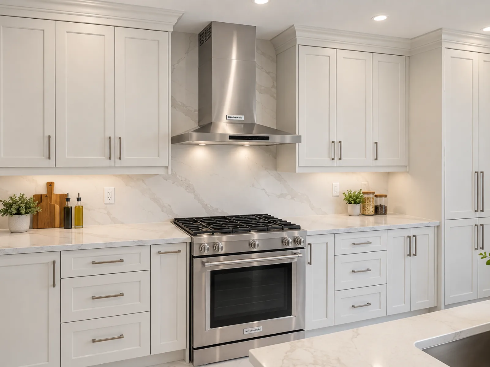 Completed transitional kitchen with tall white profiled cabinetry, layered crown moulding and a broad metal range hood