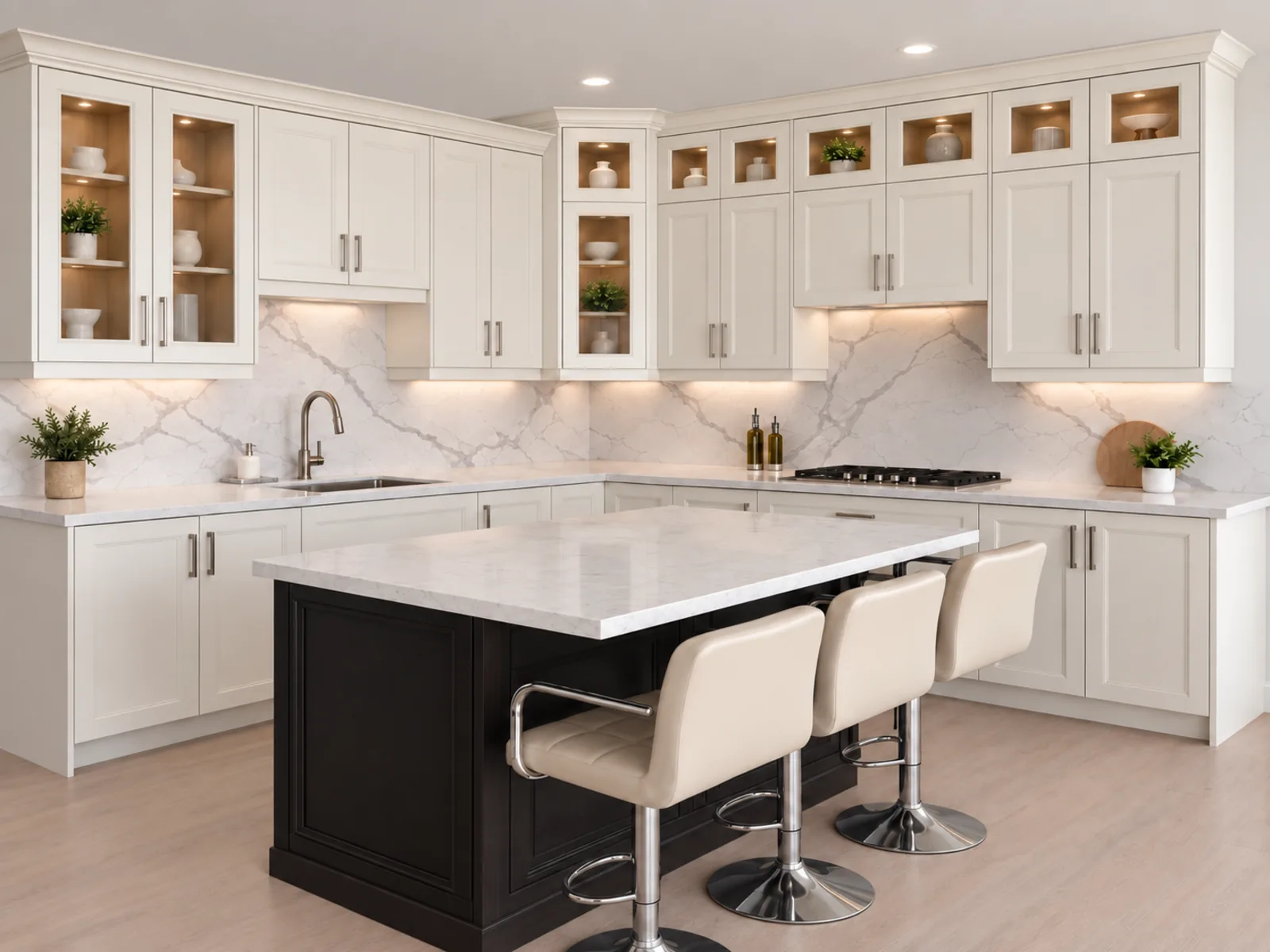 Completed transitional kitchen with warm white profiled cabinetry, illuminated display niches and a dark furniture-style island with seating