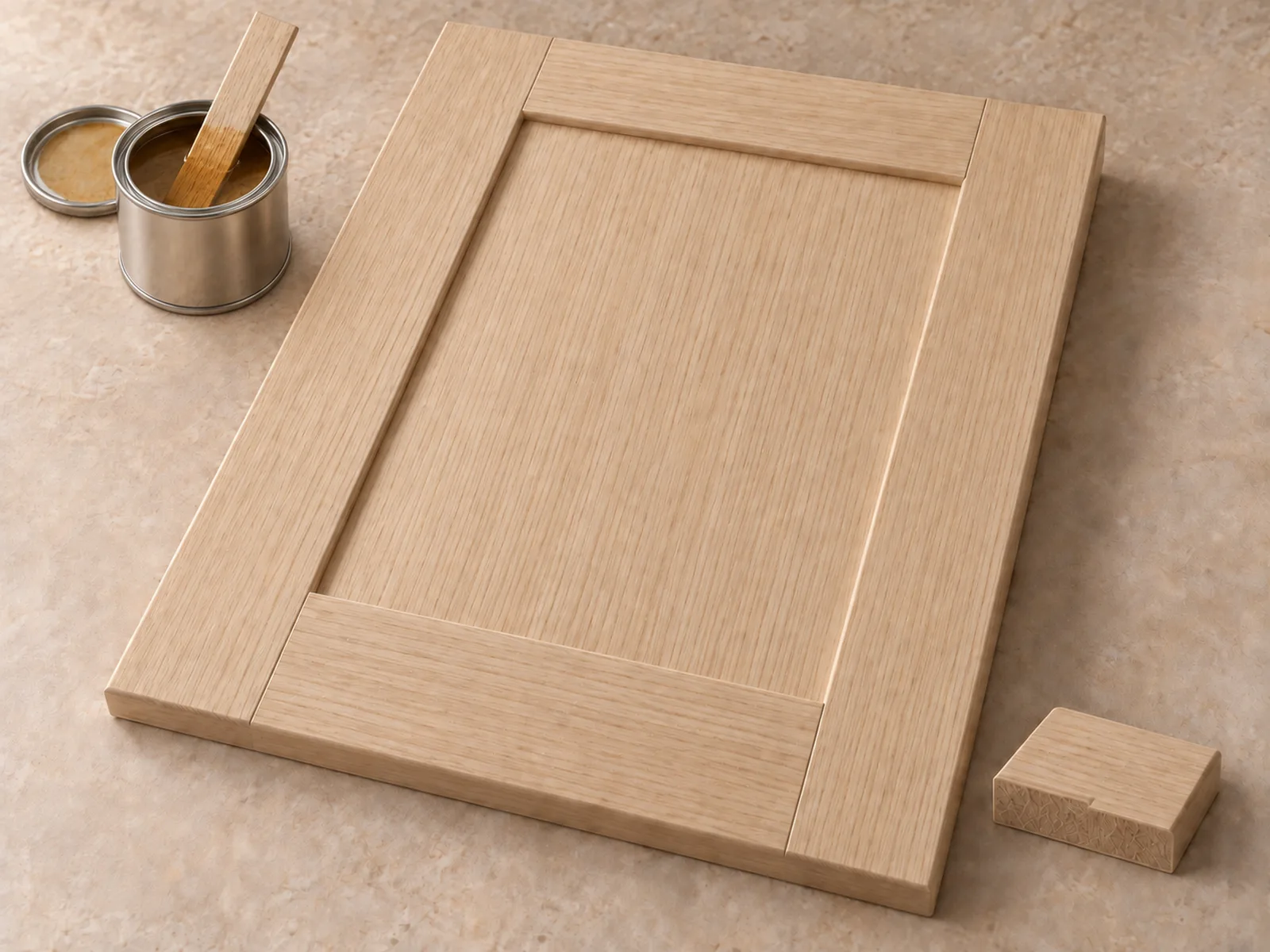 Five-piece wood profiled cabinet door with a stained wood finish sample
