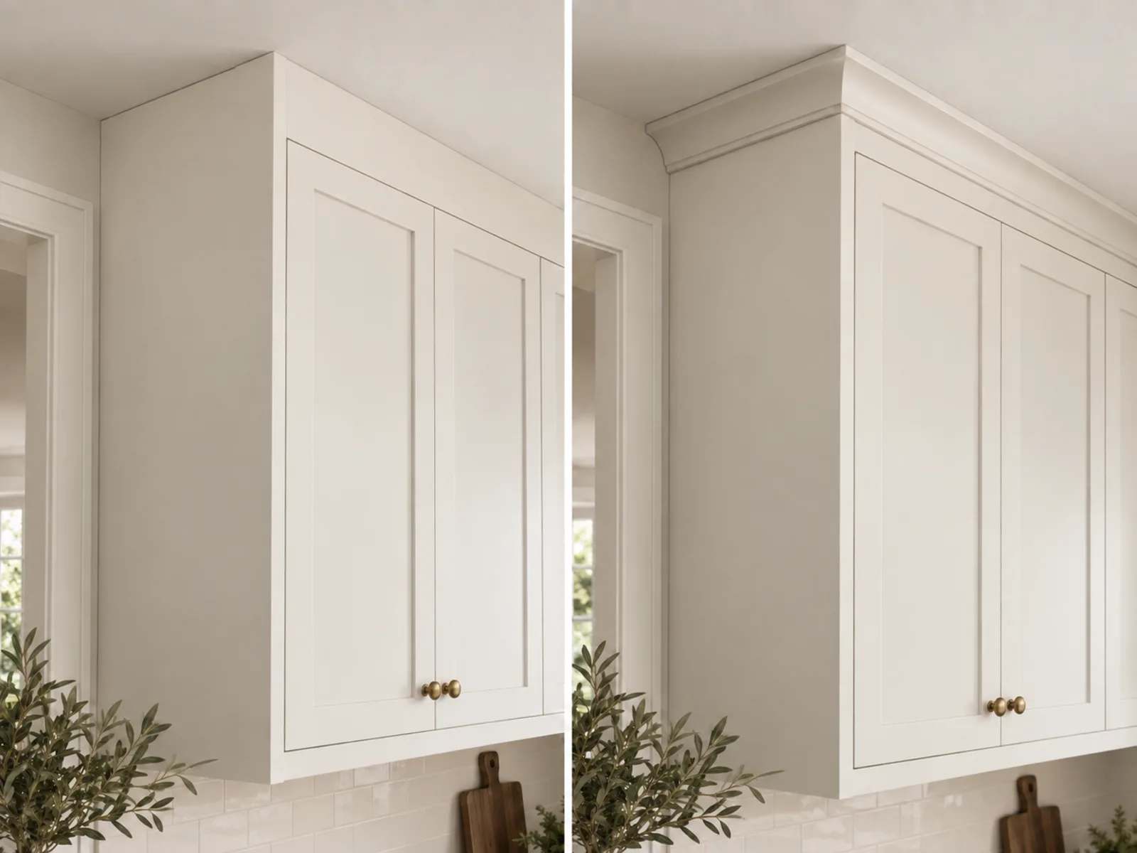 Comparison of flat cabinet trim and simple crown moulding