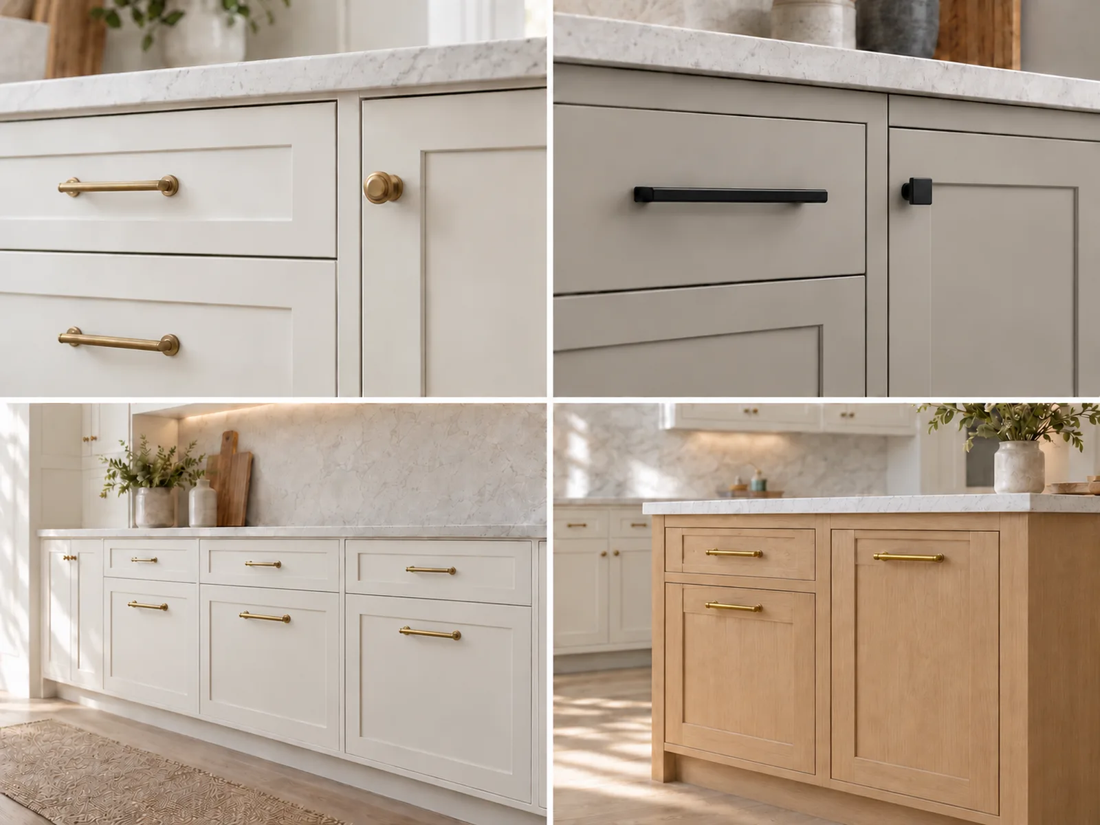 Transitional cabinet hardware coordinated with colours and textures
