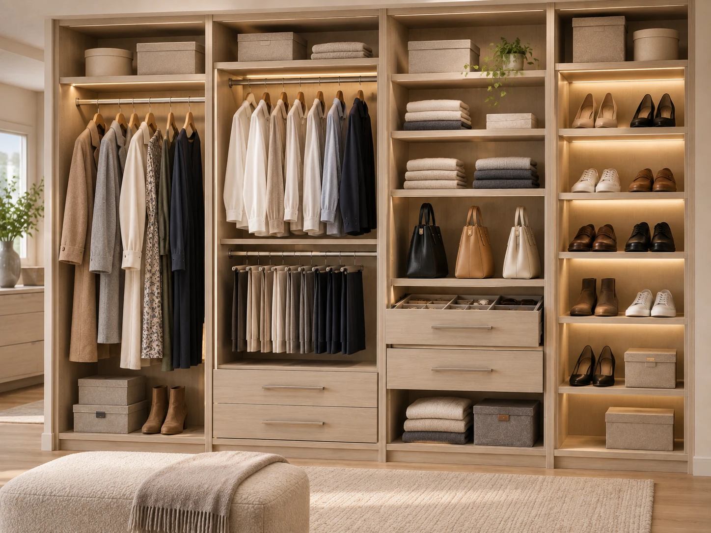 Open custom closet planned with hanging, drawers, shelves, shoes, bags, and upper storage