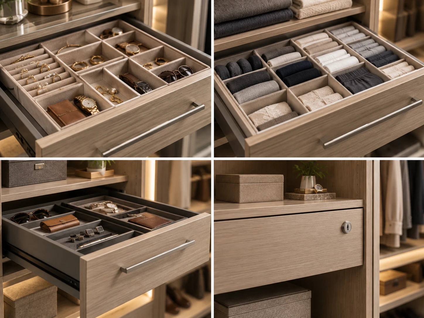 A visual overview of common drawer organization and personal-item accessory functions.