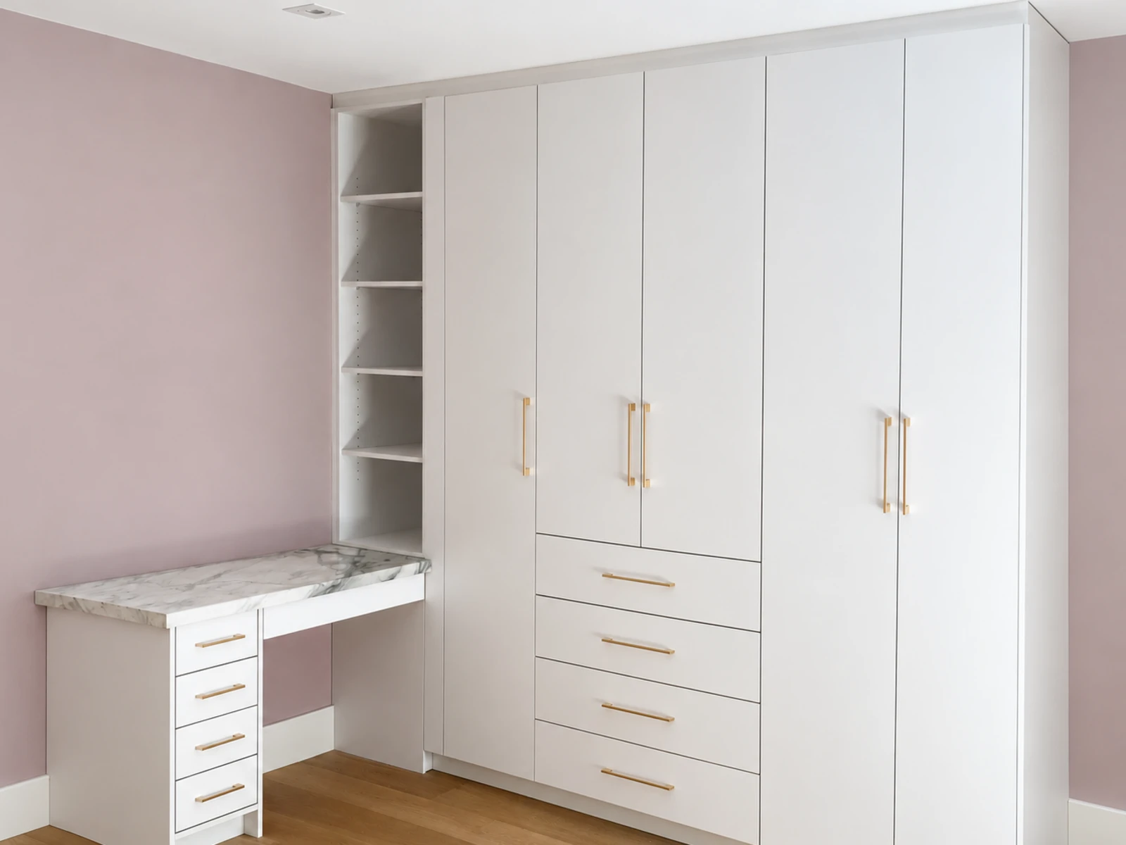 Fitted wardrobe joined to a matching bedroom dressing table