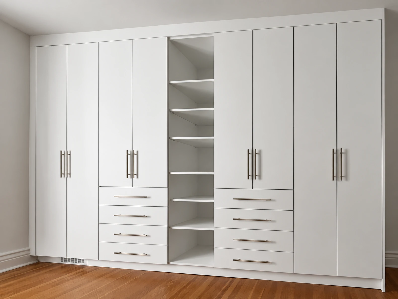 Wardrobe combining closed cabinets with integrated open display shelving