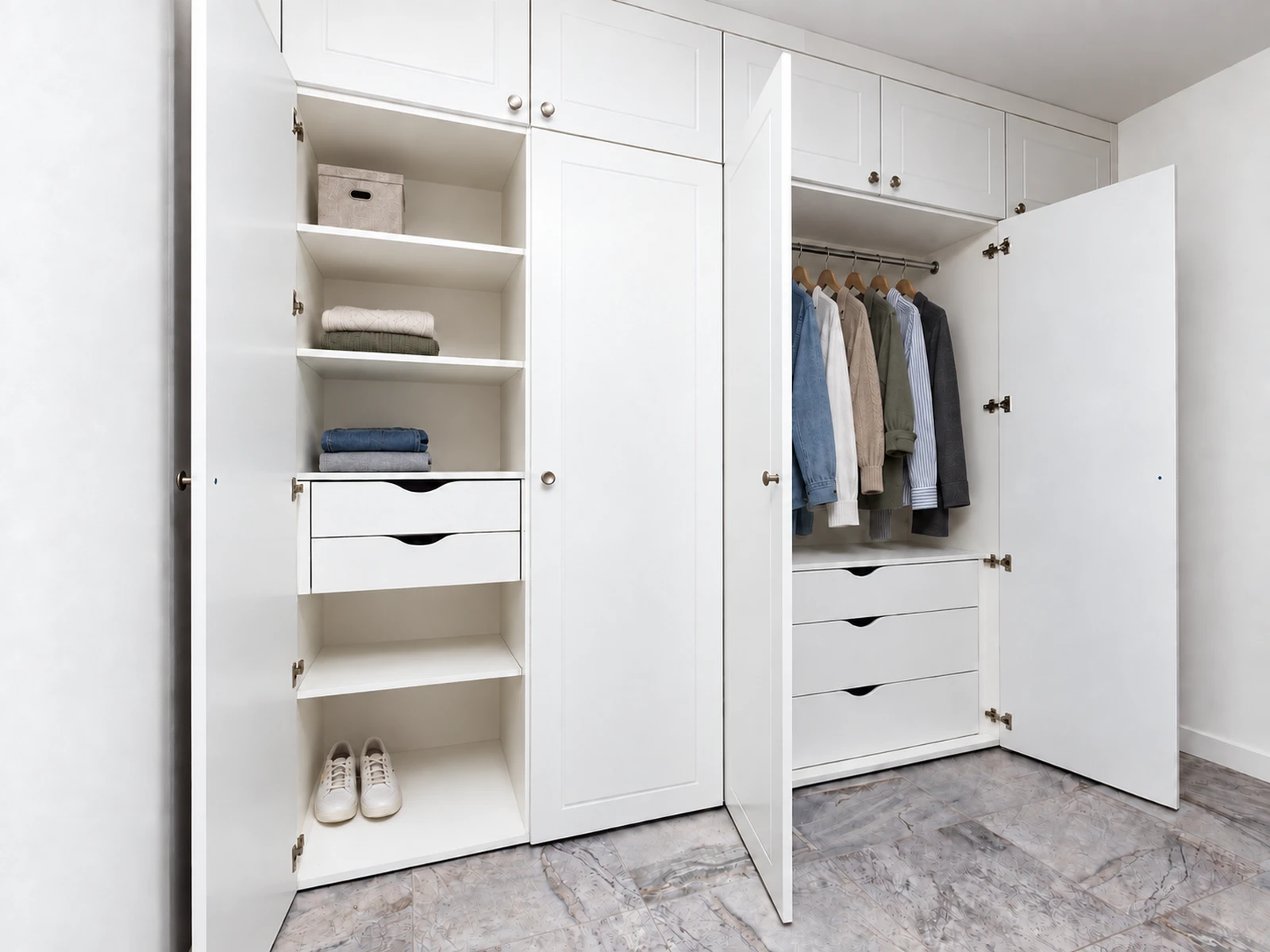 Full-height wardrobe doors opened to reveal concealed drawers and accessories