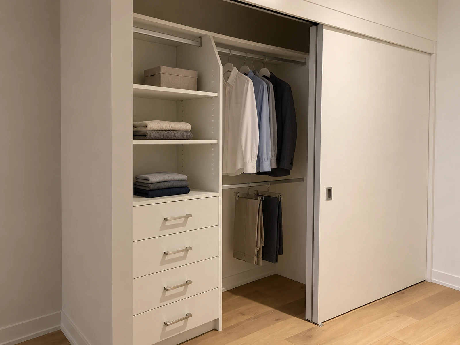 Reach-in closet with angled centre panel and shallow upper shelf