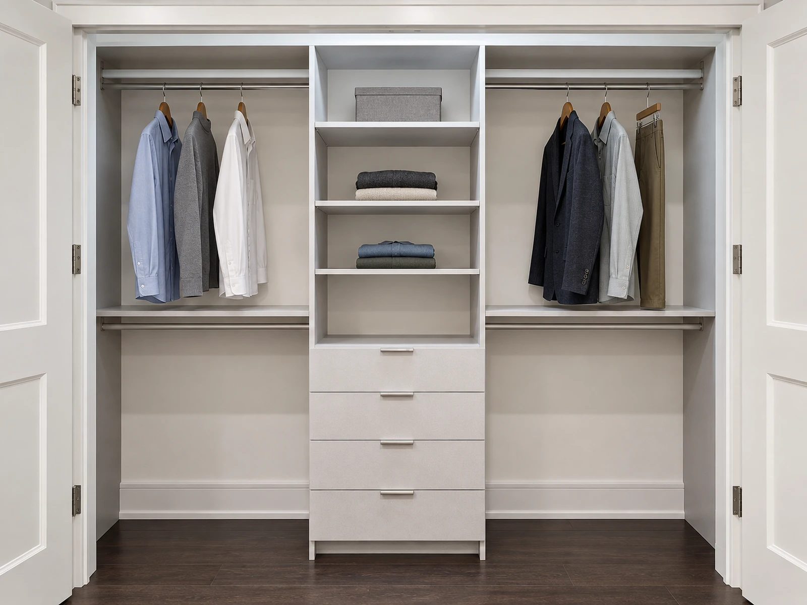 Hinged-door reach-in closet with centre drawers and blocked upper space