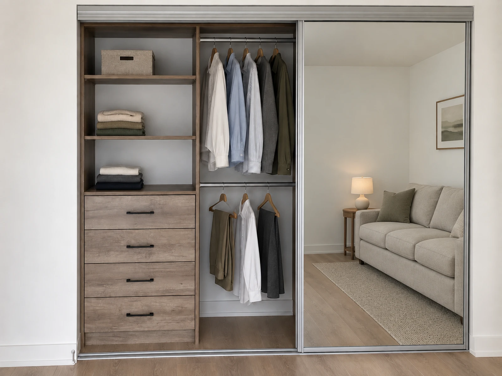 Reach-in closet with full-height mirror doors