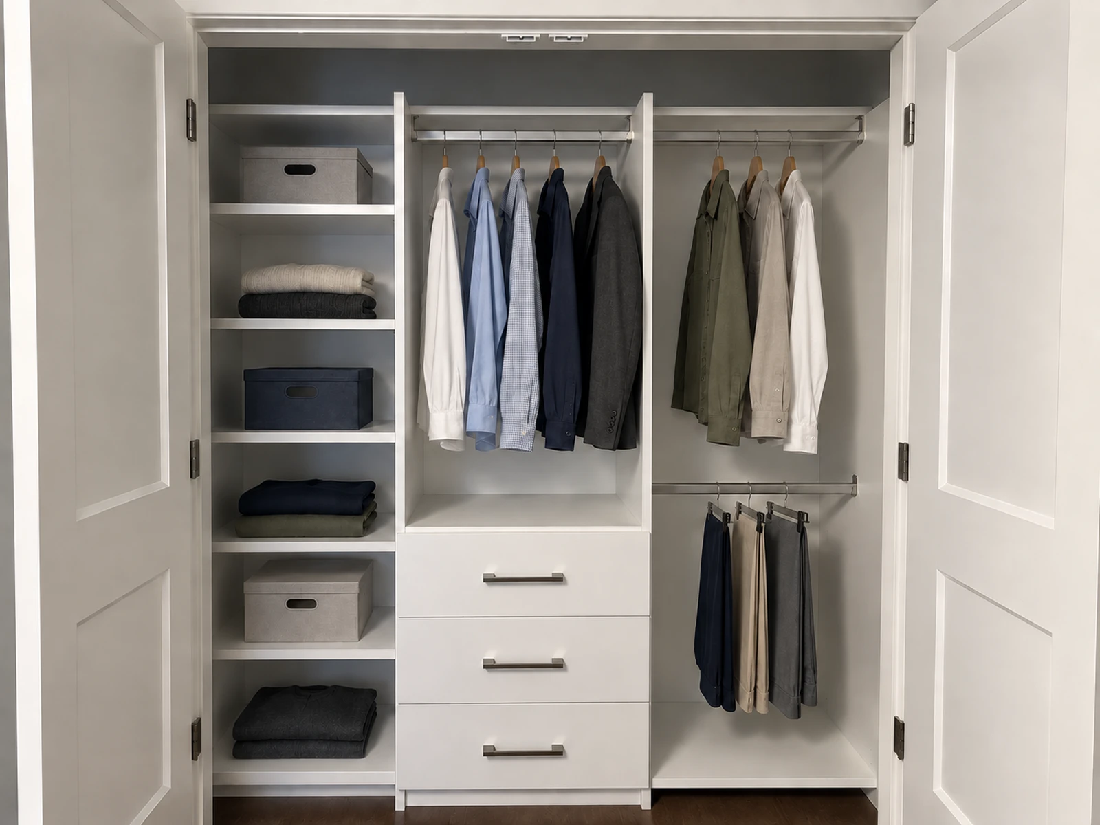 Hinged-door reach-in closet with centre drawers, shallow top shelf, and finished base