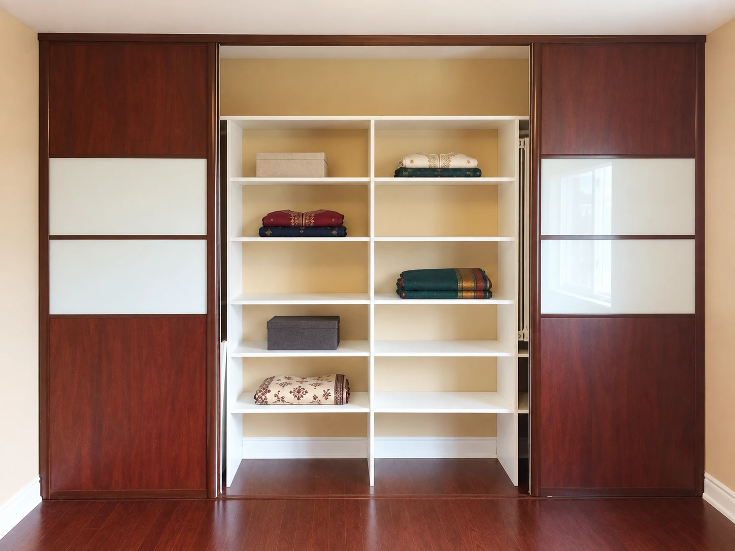 Wall-to-wall reach-in closet with four sliding doors