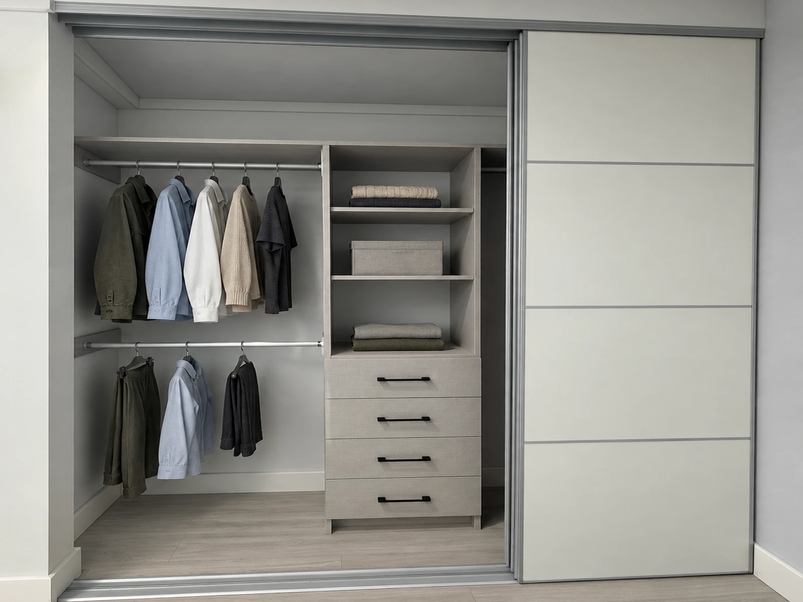 Reach-in closet with centre drawers and three sliding doors on three tracks