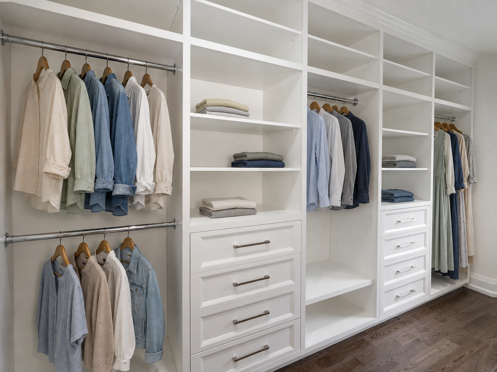 Completed Roomidea floor-to-ceiling walk-in closet with coordinated crown, trim, base details, drawers, shelving and hanging space.