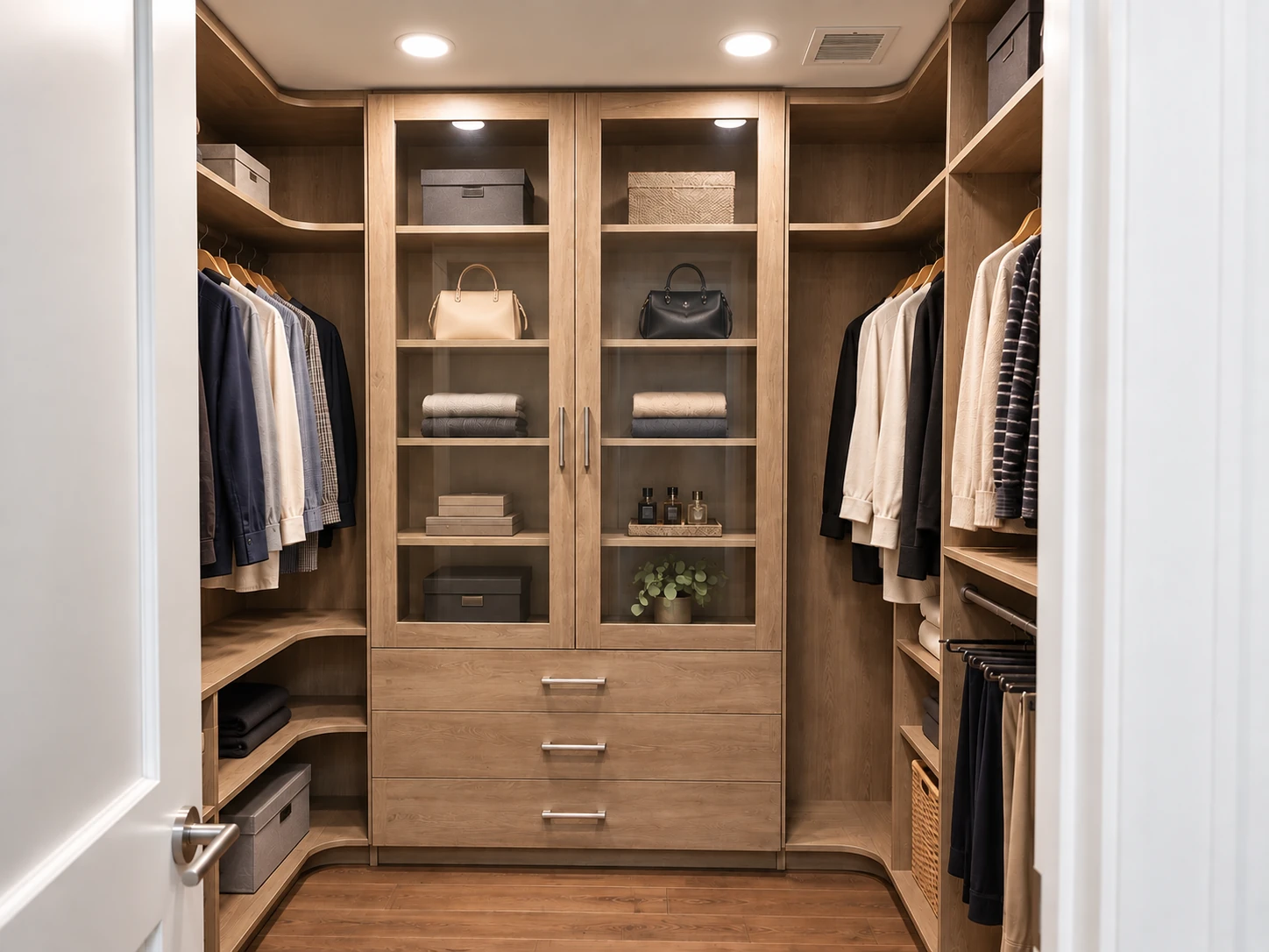 Walk-in wardrobe with central drawers and glass-front display cabinets.