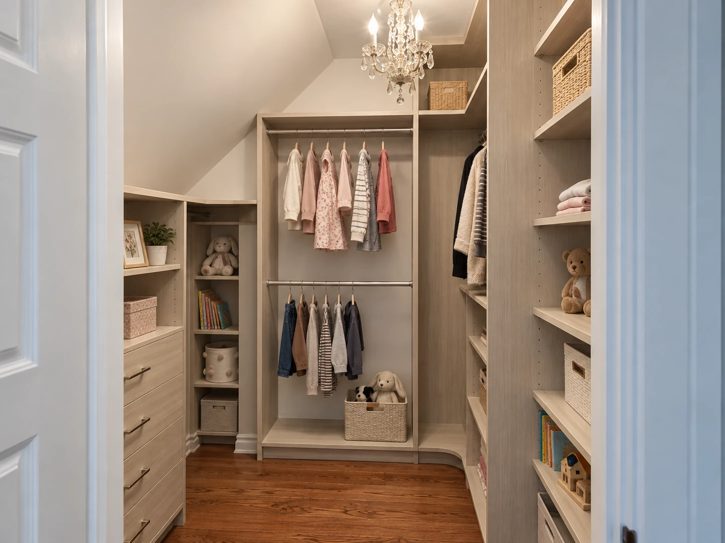 Walk-in closet fitted beneath a sloped ceiling with stepped cabinetry.