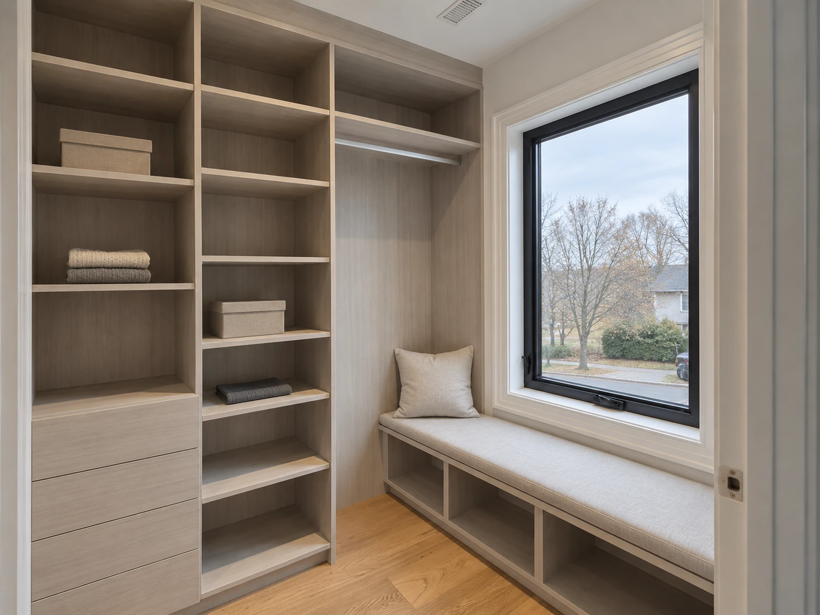 Walk-in closet cabinetry arranged around a cushioned window bench.