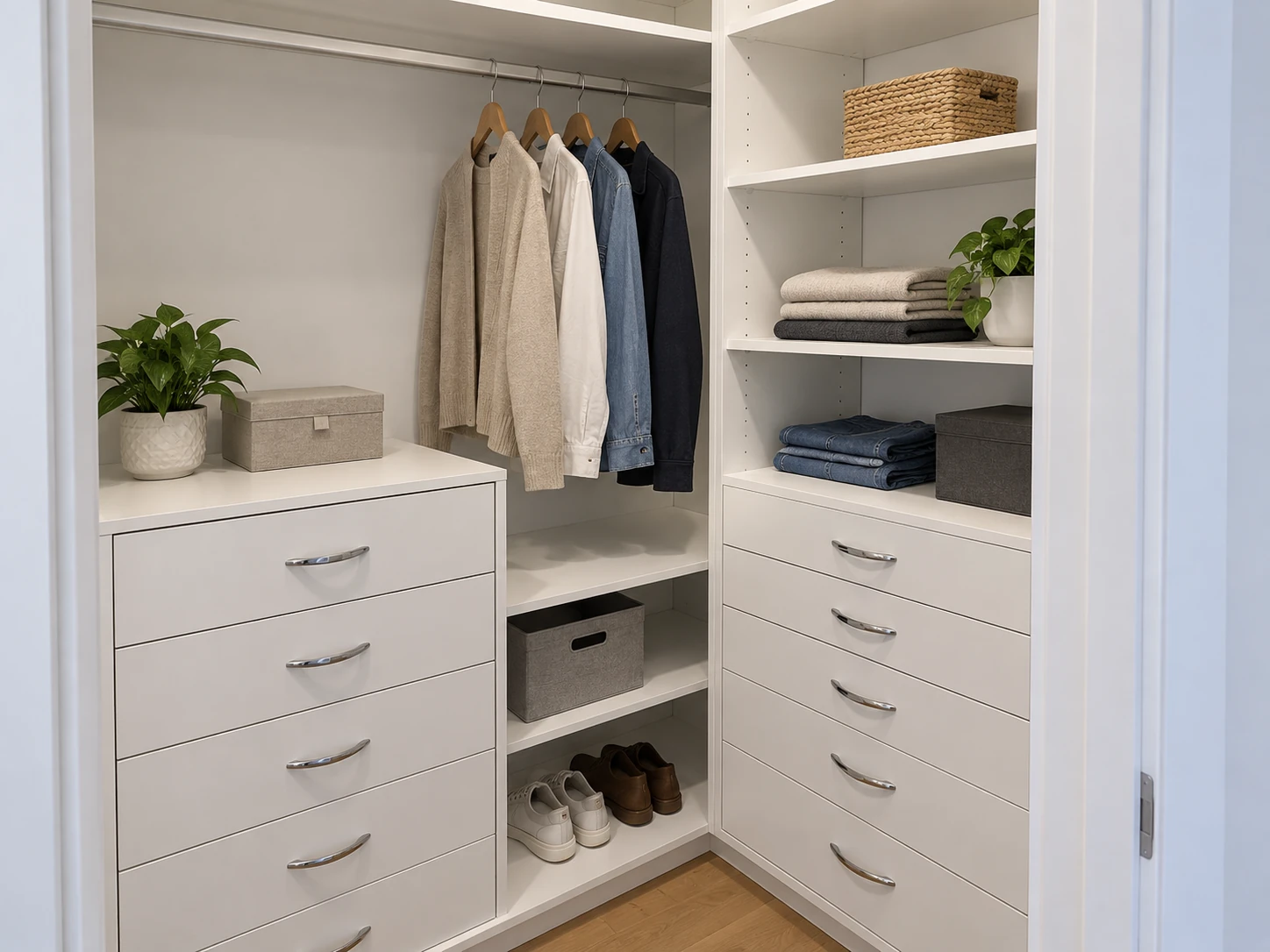 Walk-in closet with continuous hanging rails and mixed-height side panels.