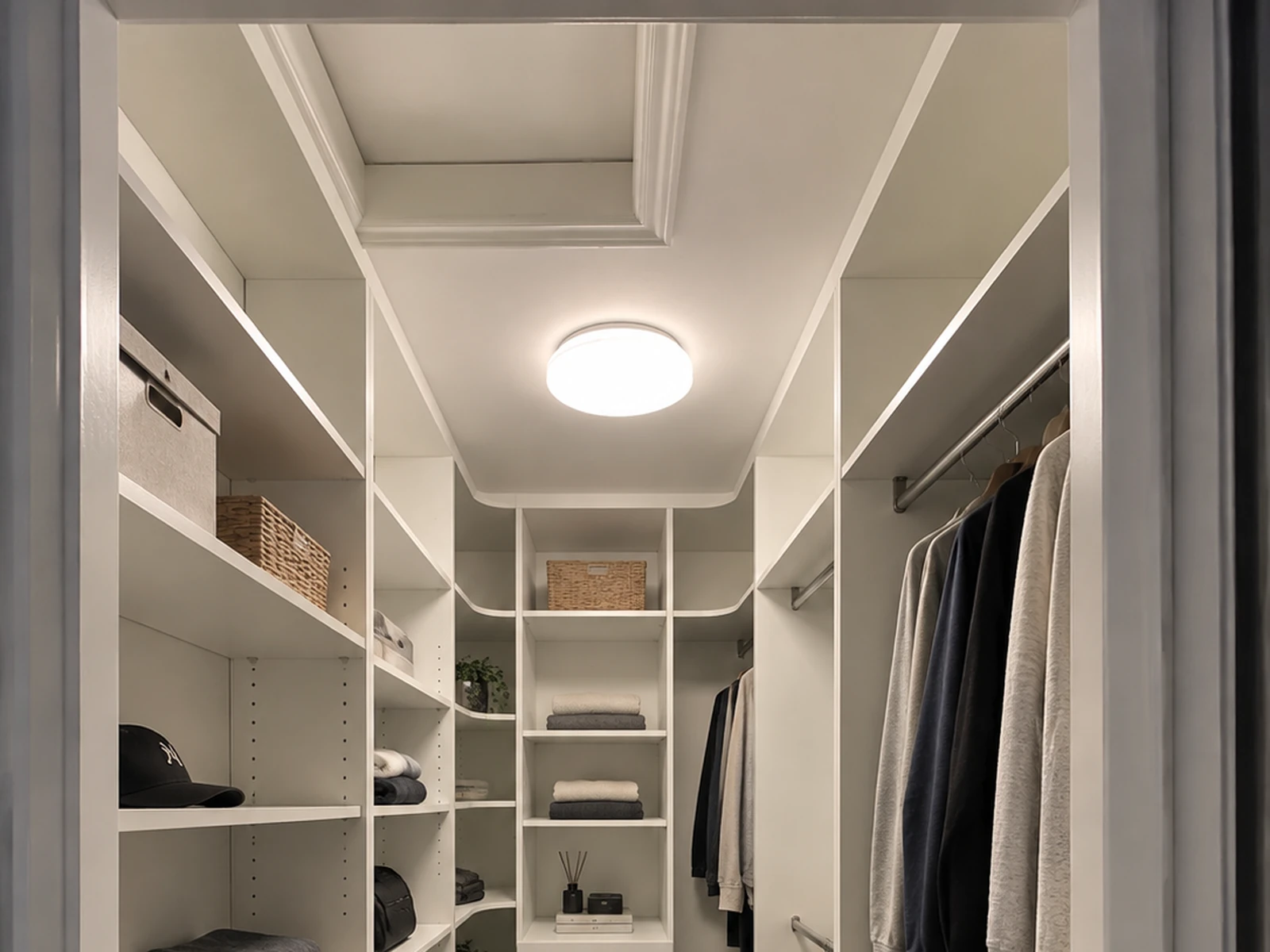 Walk-in closet with shallow shelving beneath a ceiling access panel.