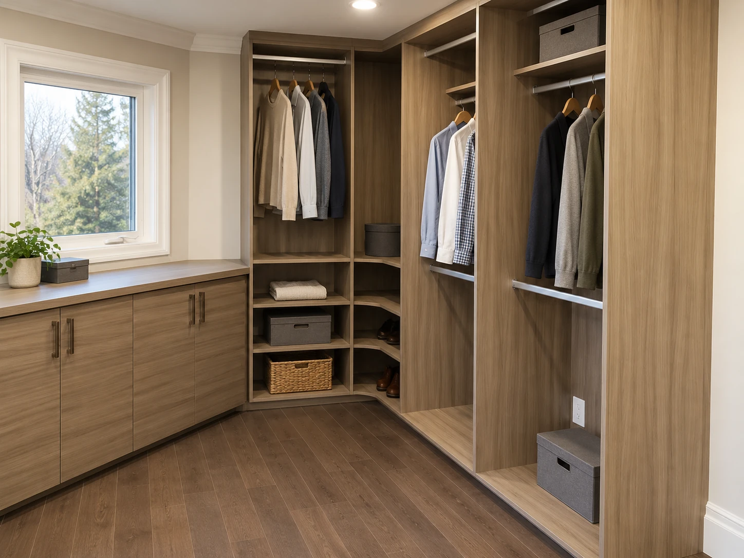 Wood walk-in closet fitted around irregular walls and a low window.