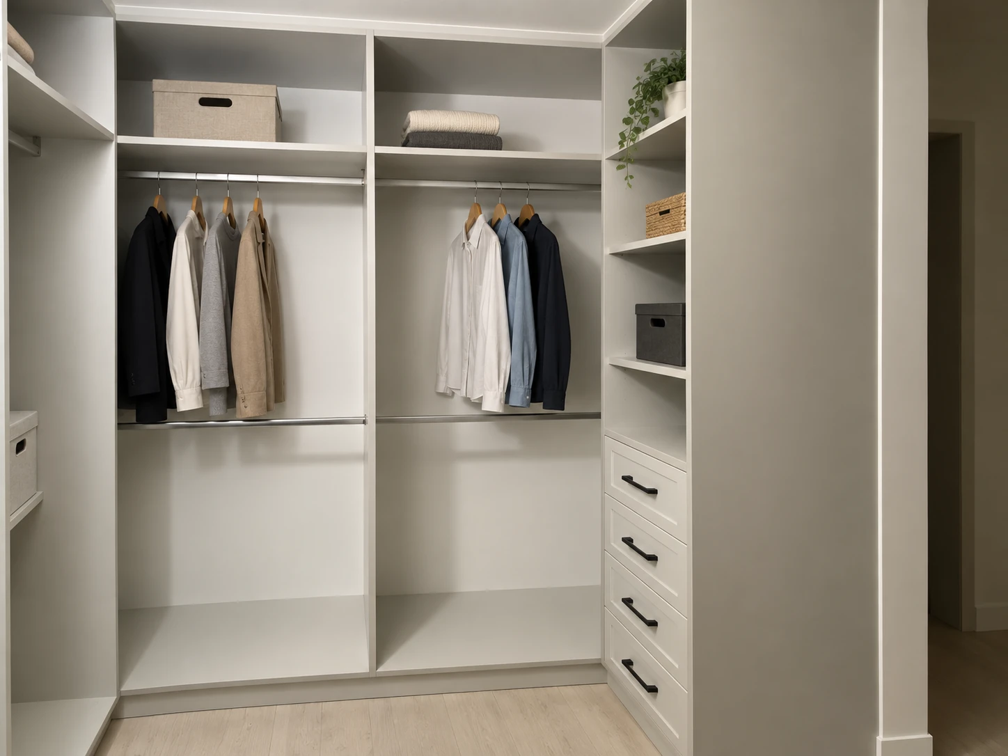 Open-concept walk-in closet connected directly to a condo interior.