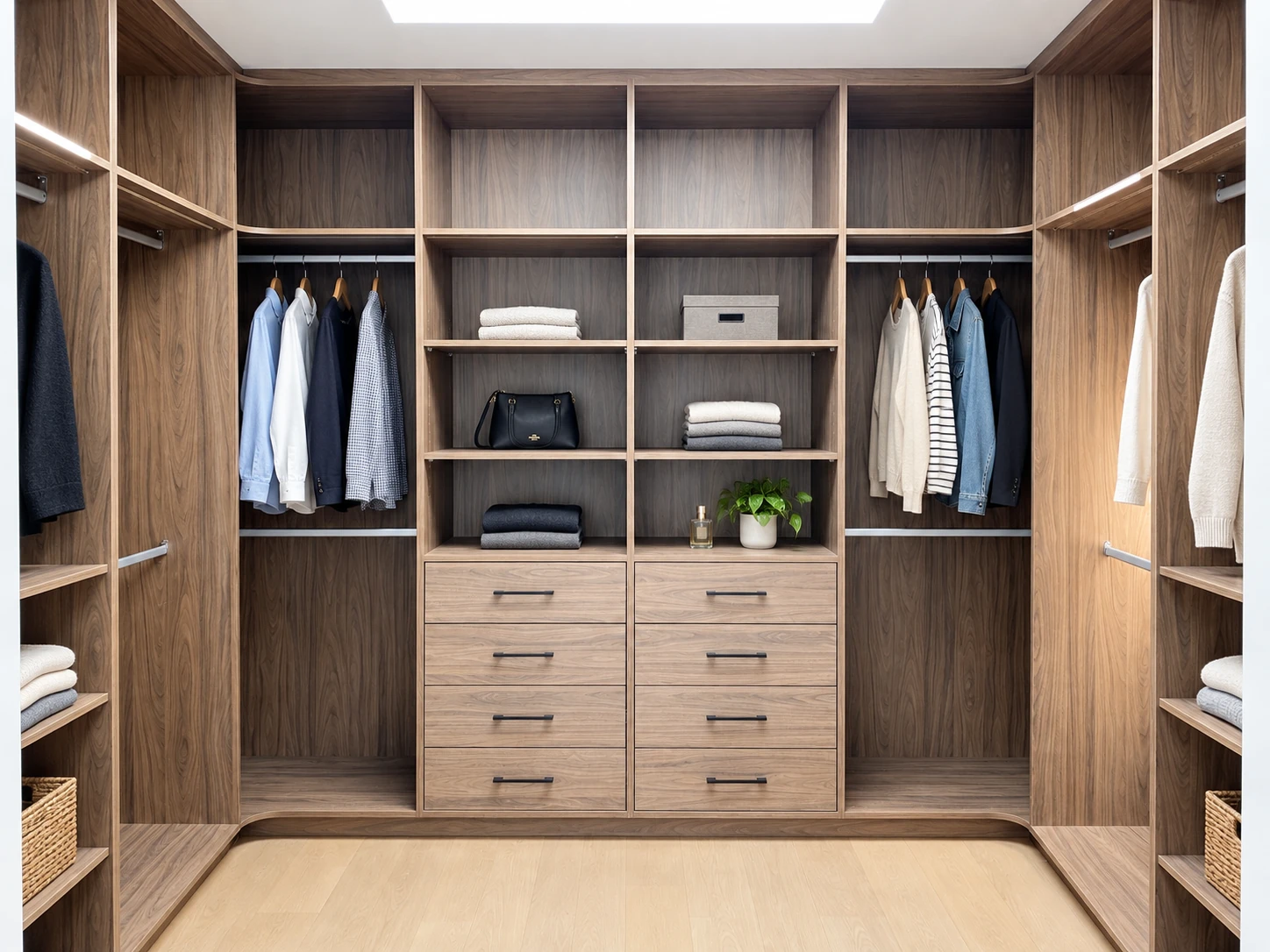 Classic U-shaped walk-in closet with storage arranged across three walls.