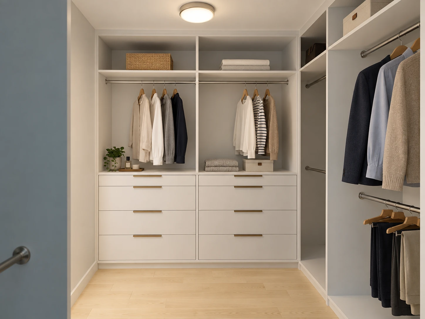 Walk-in closet with straight cabinetry and square 90-degree corner connections.