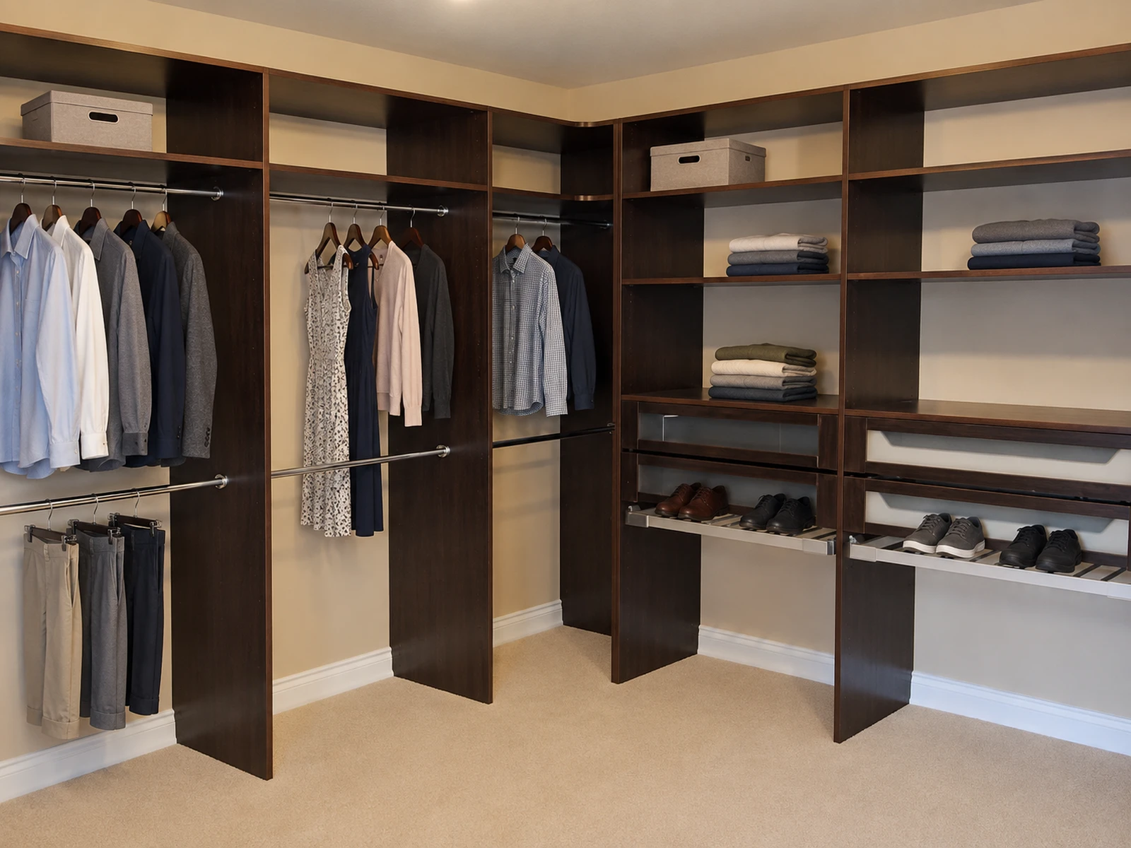 Standard-height walk-in closet below the ceiling with the customer’s finished flooring visible