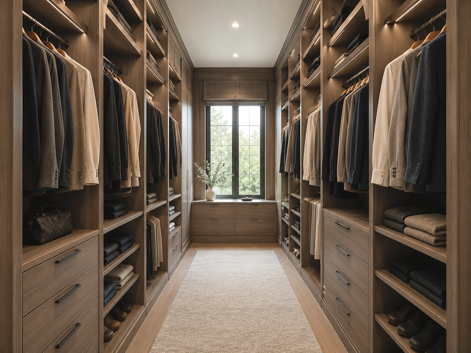 Walk-in closet with storage along two facing walls and a window on the end wall.