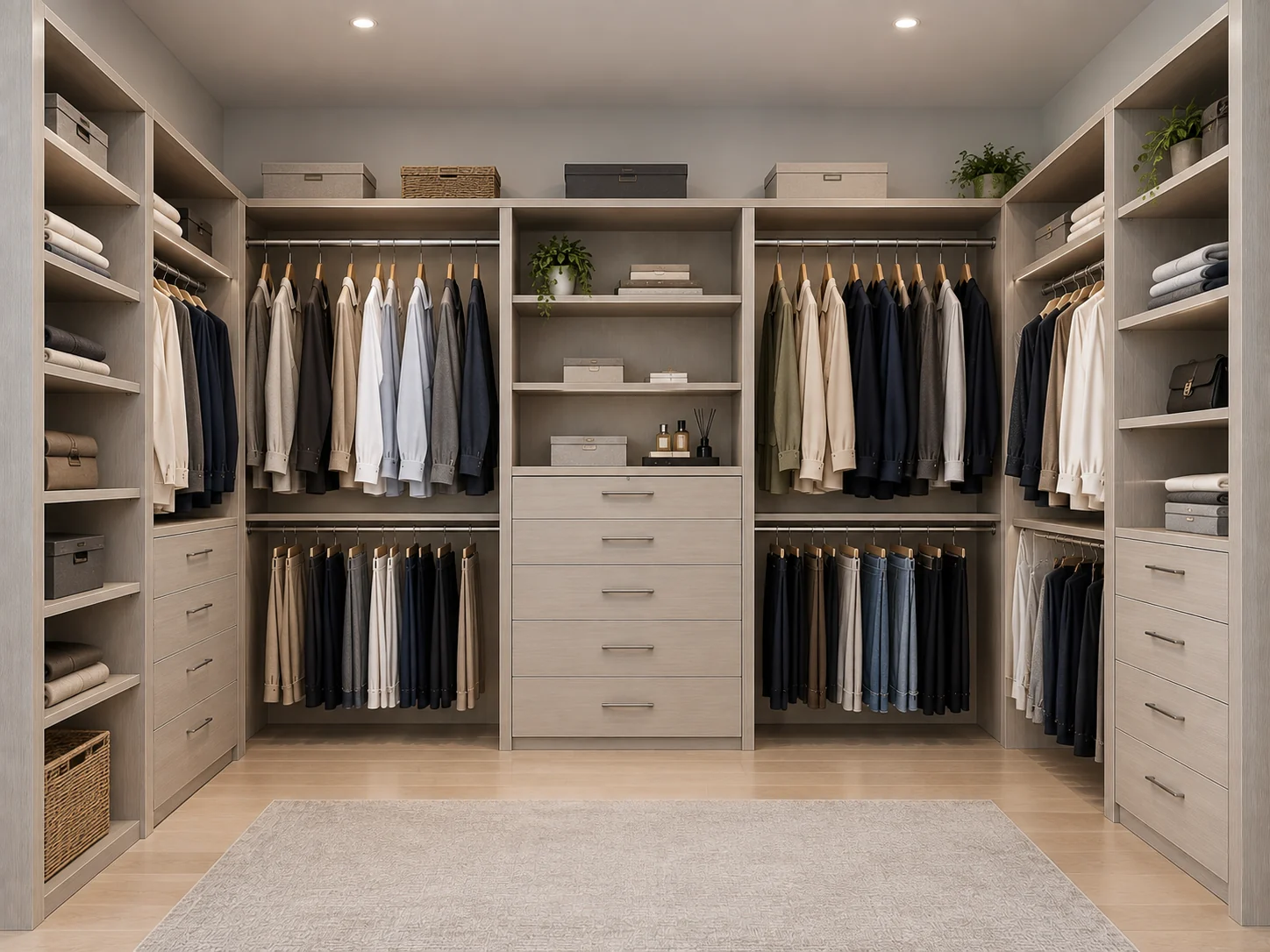 Standard-height open closet system that stops below the ceiling.