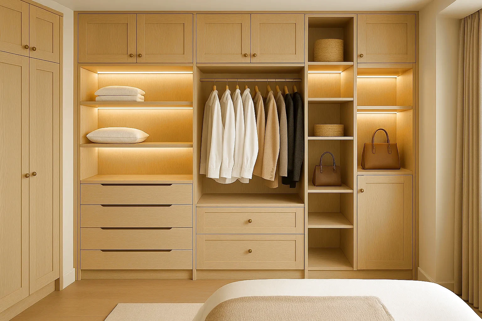Made-to-measure built-in bedroom wardrobe with hinged doors, drawers, open shelving, hanging space, and integrated lighting.