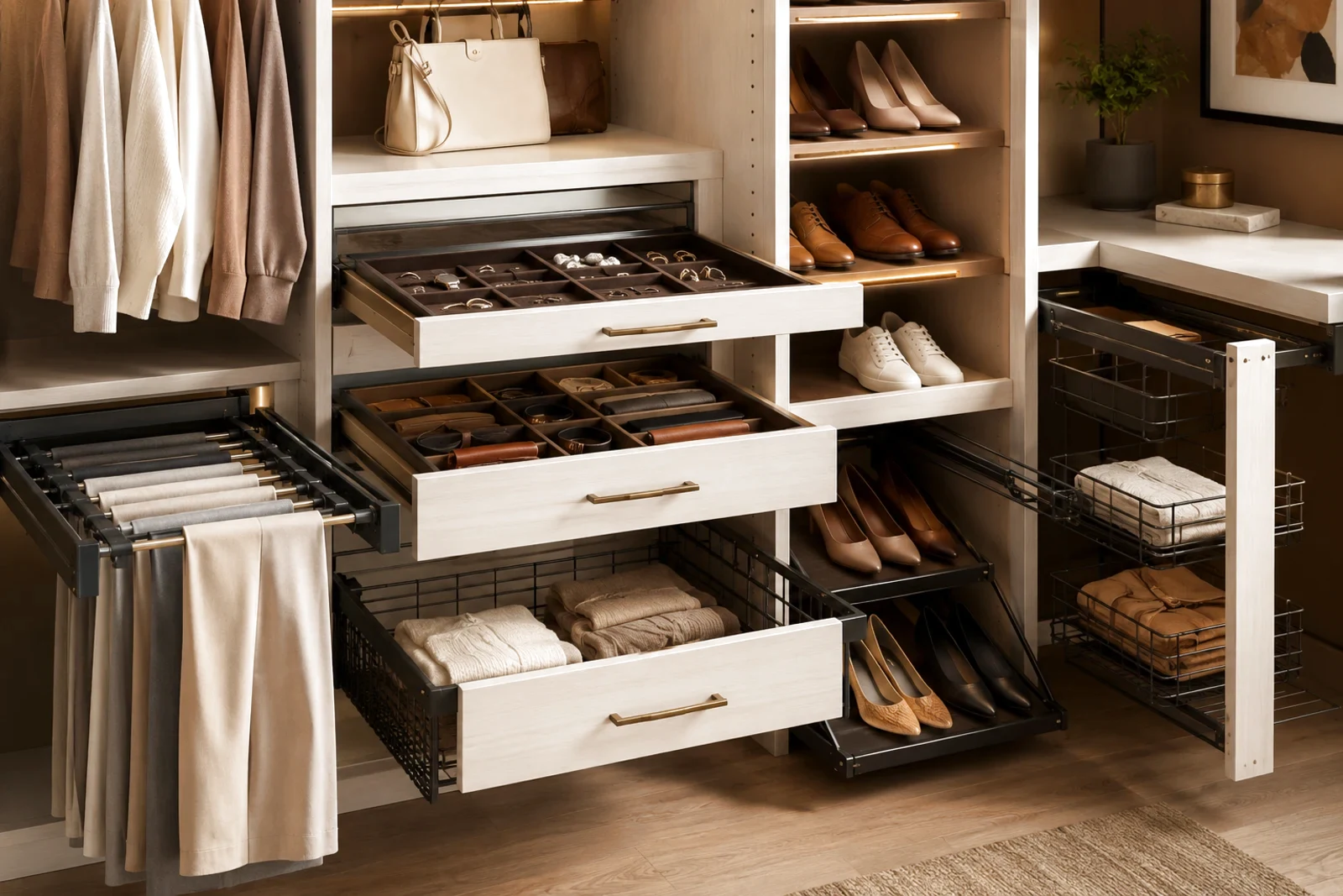 Custom closet accessories with a pants rack, jewellery drawer inserts, pull-out baskets, shoe storage, hanging space, and integrated lighting.