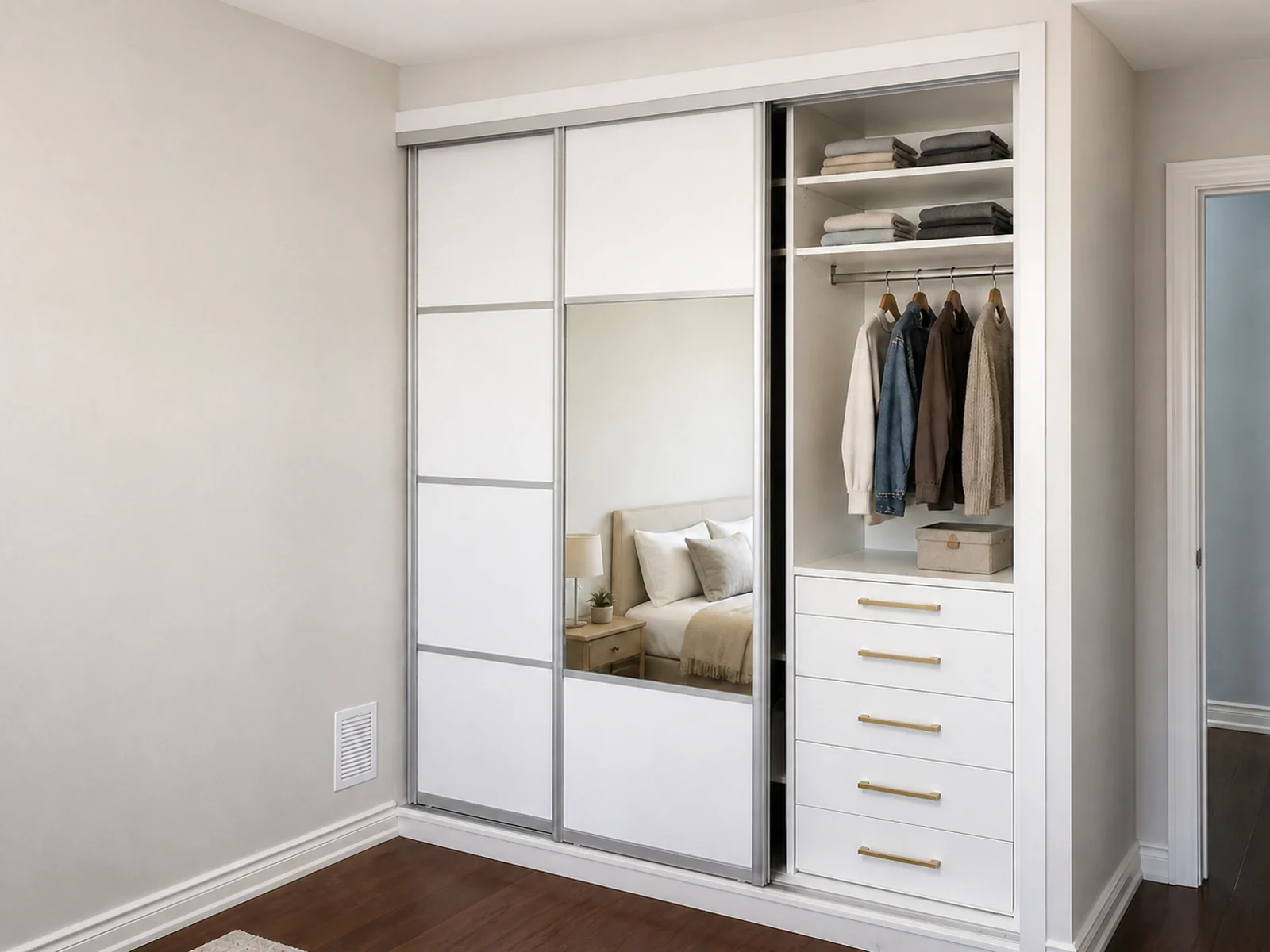 Completed Roomidea fitted closet with floor-supported drawers, shelving, hanging storage, and coordinated trim extending to the top of the opening.