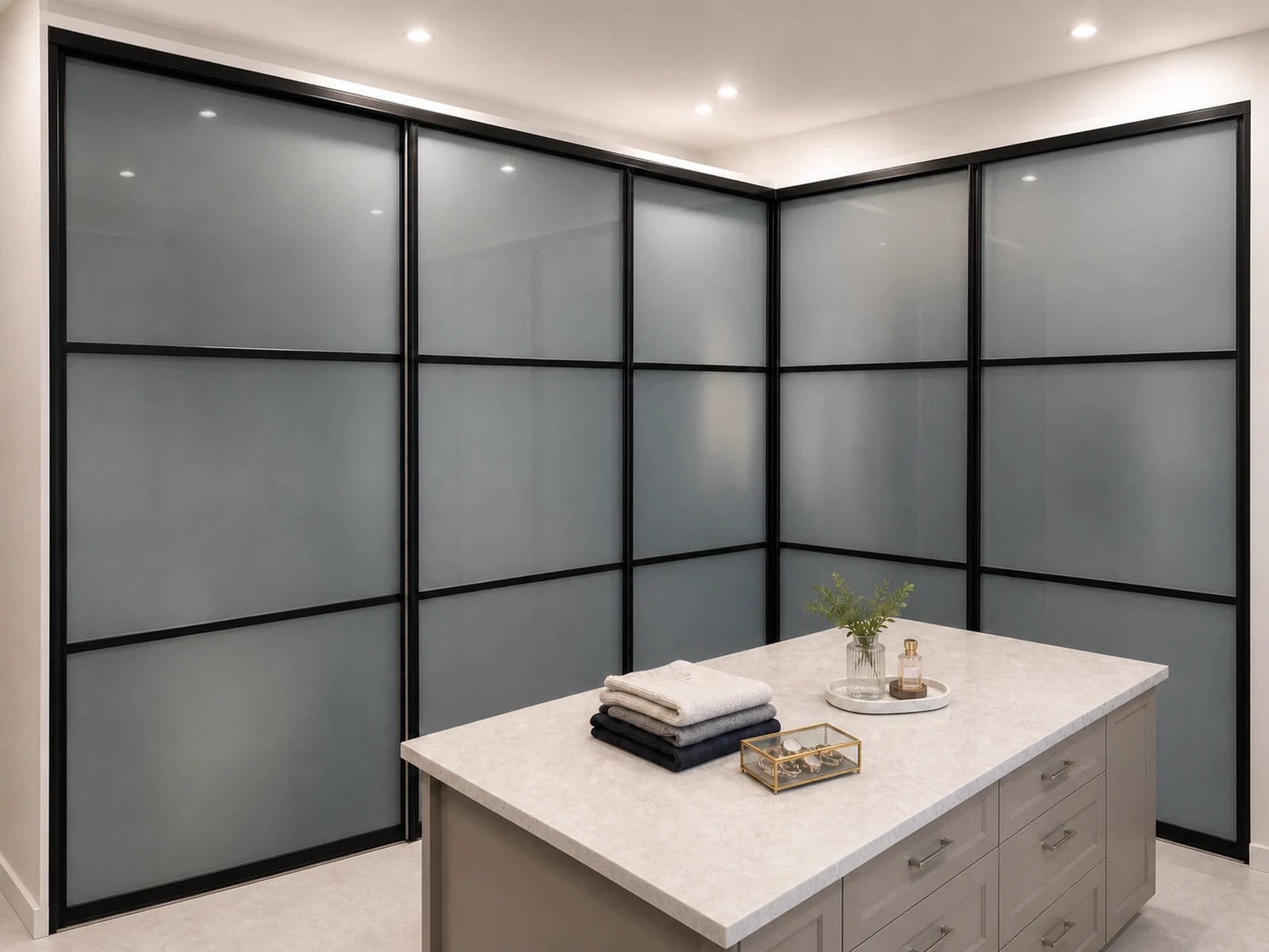Floor-to-ceiling black-framed sliding doors enclosing a walk-in closet entrance.
