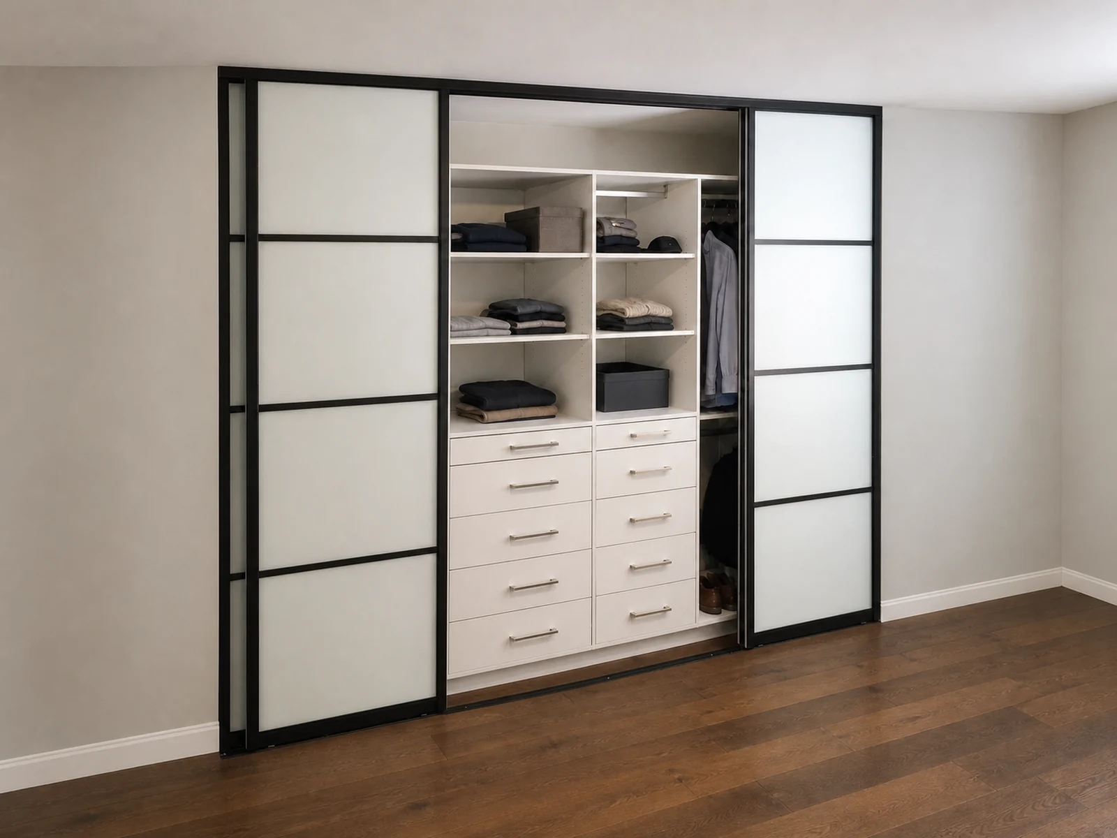 Standard-height floor-supported reach-in closet behind centre-opening sliding doors.