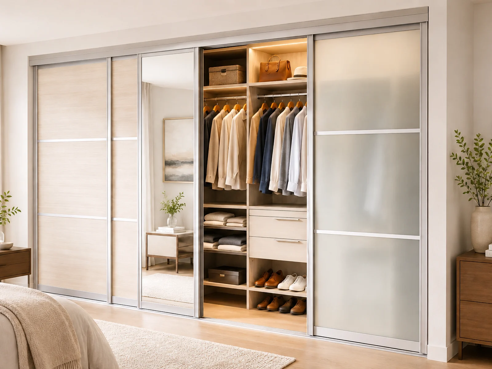 Completed Roomidea reach-in closet with aluminum-framed sliding doors revealing hanging, shelves, drawers, and shoe storage through the active opening.