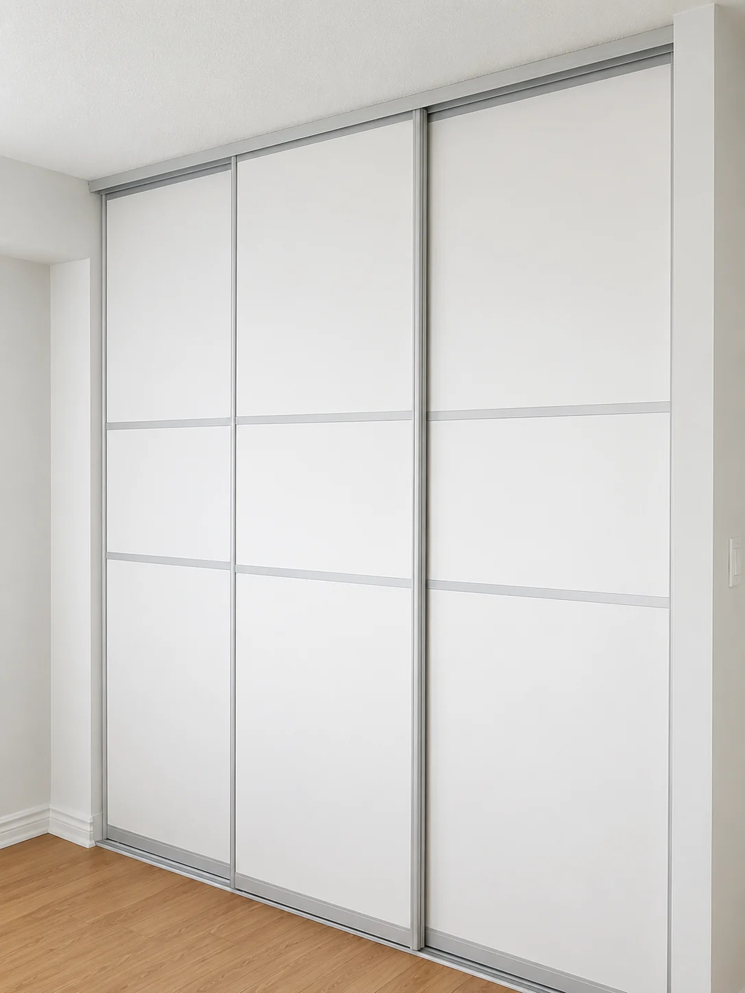 White sliding closet doors installed across a fitted storage opening.