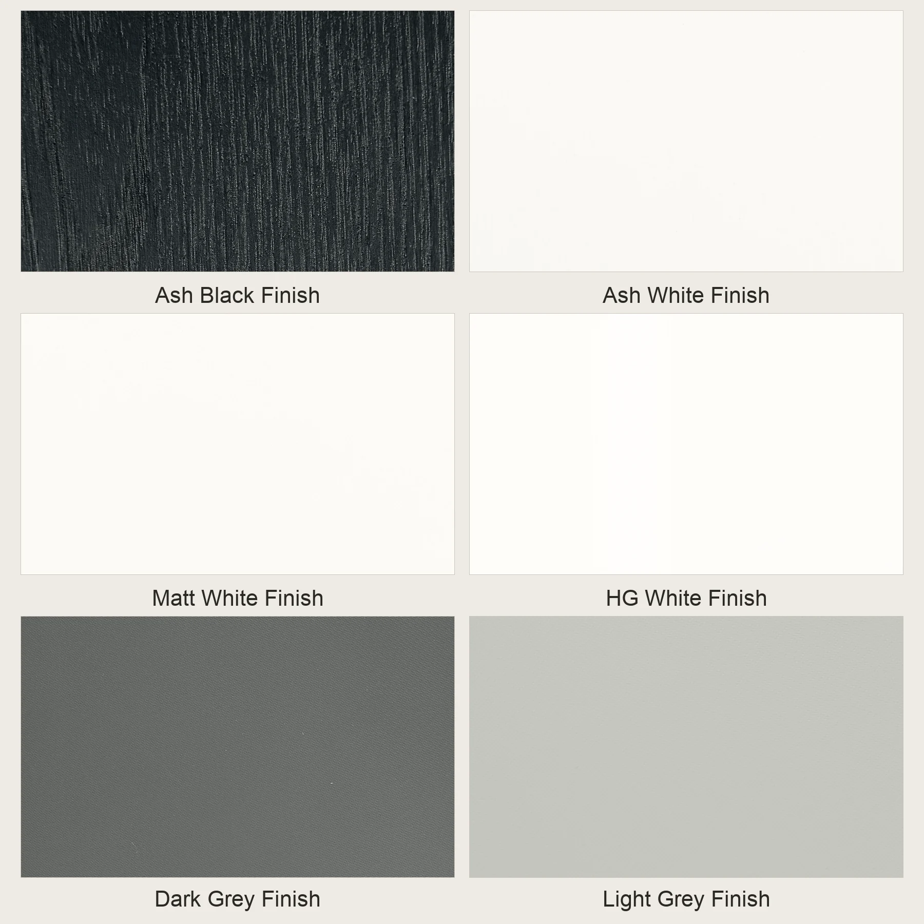Six black, white, and grey Roomidea sliding door panel samples with their published finish names.