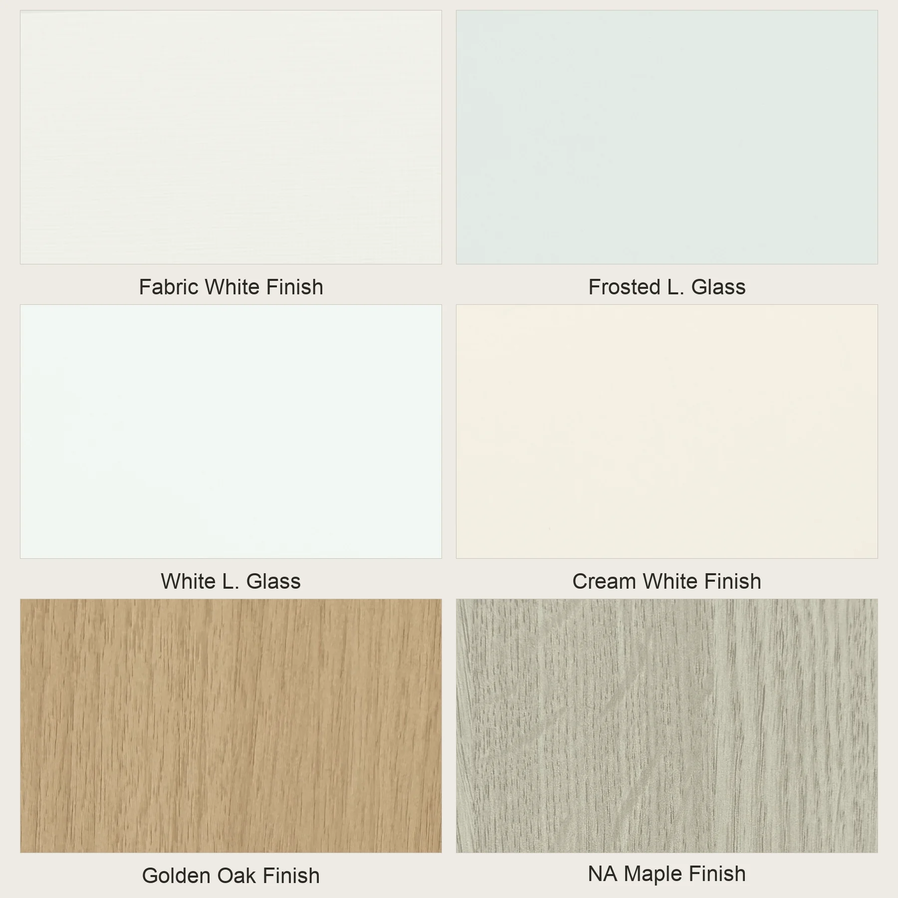 Six light Roomidea sliding door panel samples with their published finish names.