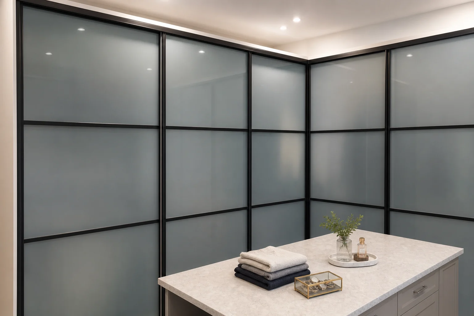 Completed black-framed sliding doors enclosing a walk-in closet entrance.