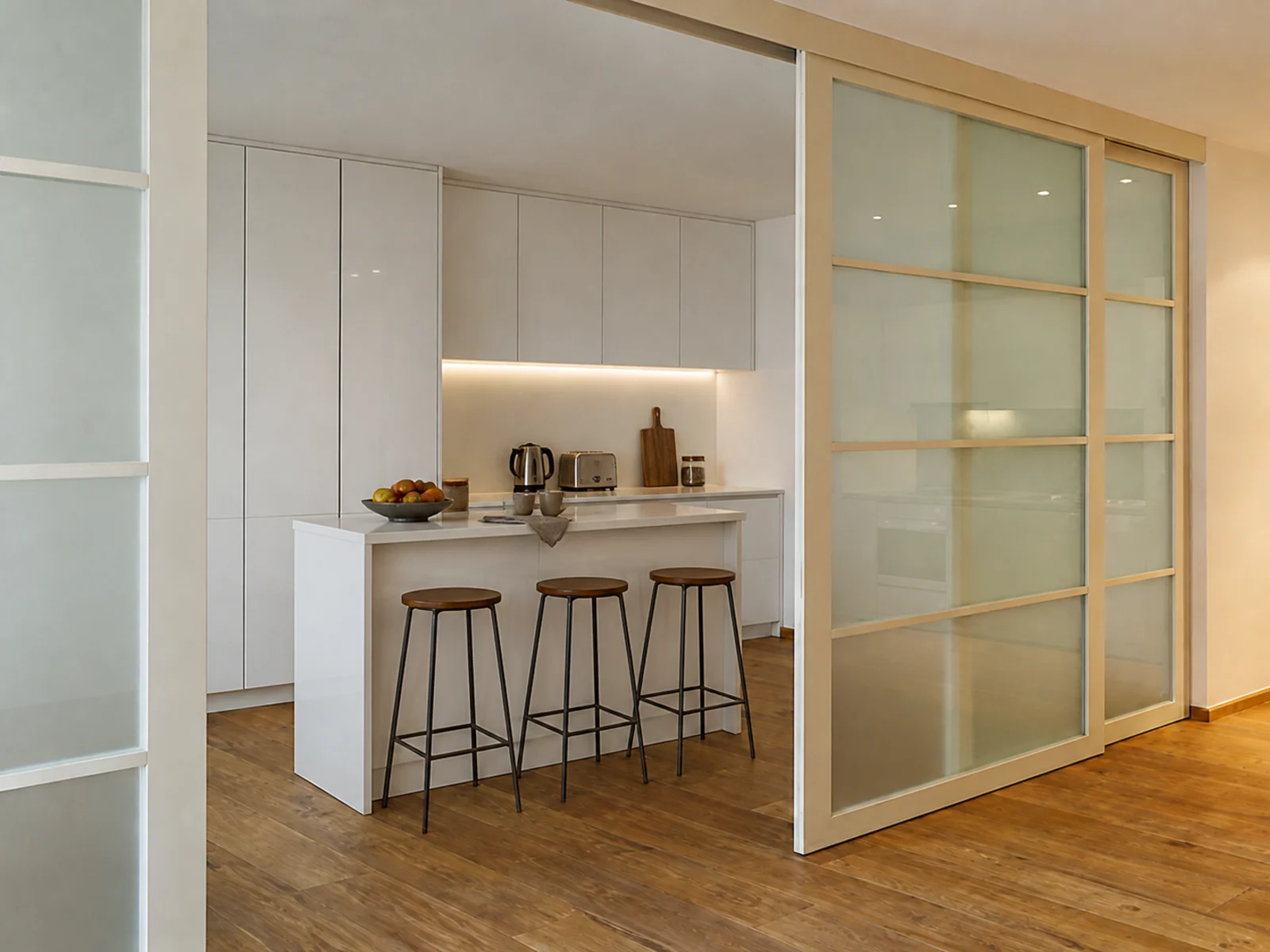 Painted MDF-framed glass sliding divider separating a bright kitchen from the adjoining interior.