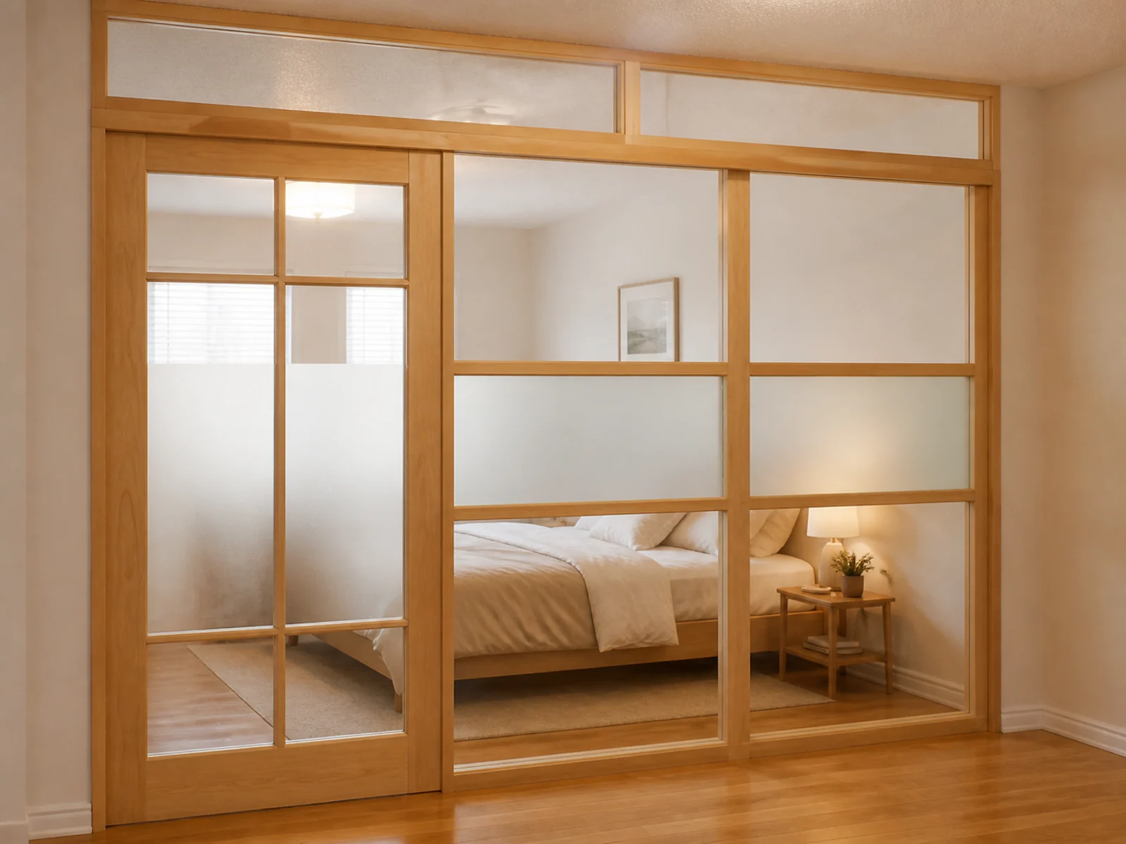 Wood-style sliding bedroom door coordinated with fixed glass companions and an upper transom.