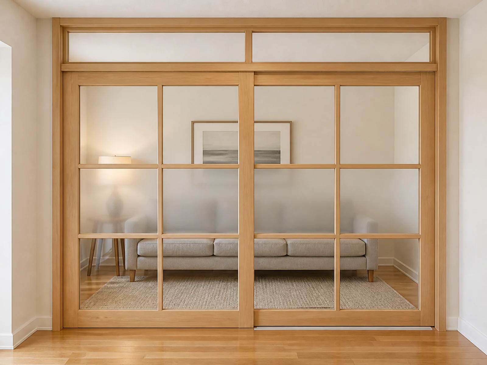 Wood-style sliding divider with glass sections, fixed companions, and a visible floor track.