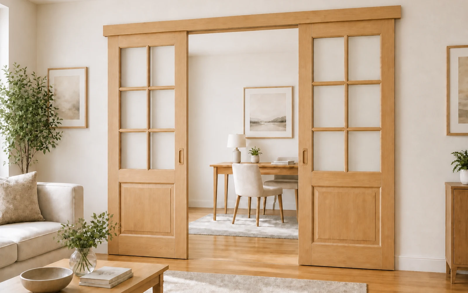 Light oak wood-style sliding doors with divided clear glass and raised lower panels.
