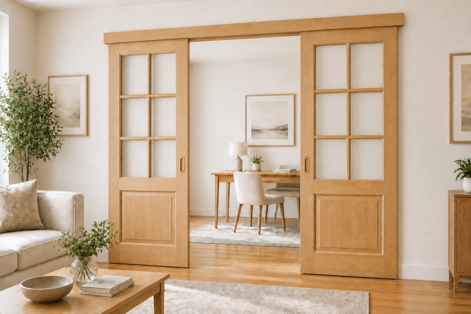 Light oak wood-style sliding doors with divided clear glass, raised lower panels, and a central opening.